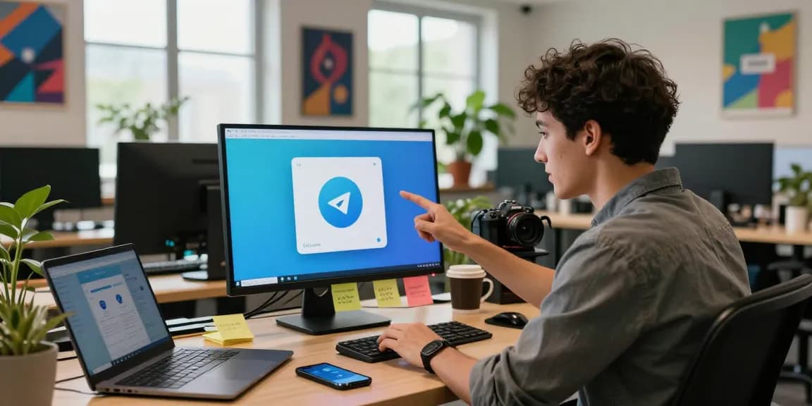 Download Telegram app on touchscreen monitor in a vibrant office setting, emphasizing tech engagement.