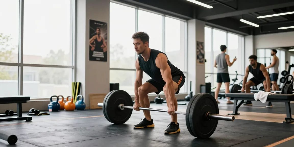 Prime Pharma Steroids: een atleet die deadlifts uitvoert in een moderne sportschool met natuurlijke verlichting.