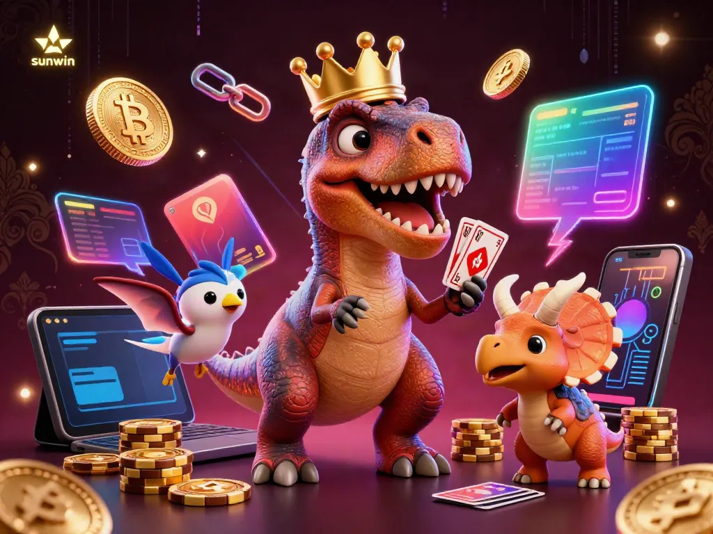 Engaging casino action in sunwin, featuring T-Rex shuffling cards and a pterodactyl assistant with vibrant gaming elements.