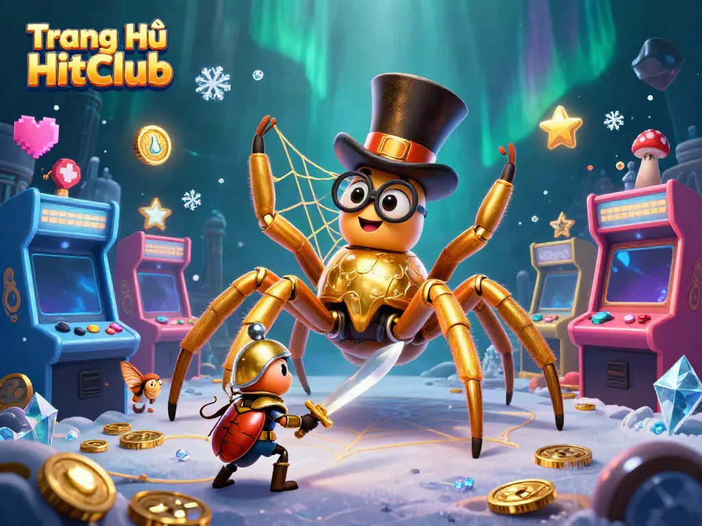 Experience the excitement of Trang Chủ HitClub with a golden tarantula weaving golden threads among vibrant 3D casino elements.