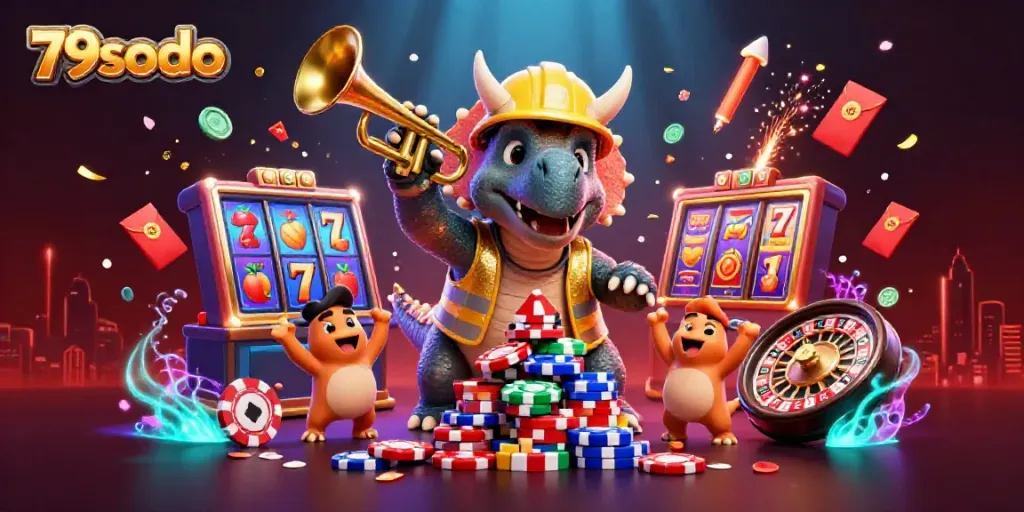 Engage in thrilling gameplay at 79sodo with vibrant casino-themed characters and elements in a festive atmosphere.