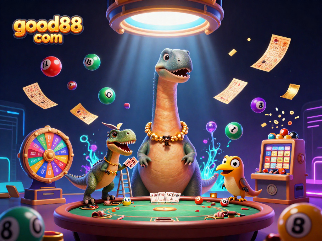 Win big at good88 com with an exciting casino scene featuring a brontosaurus and lottery elements.