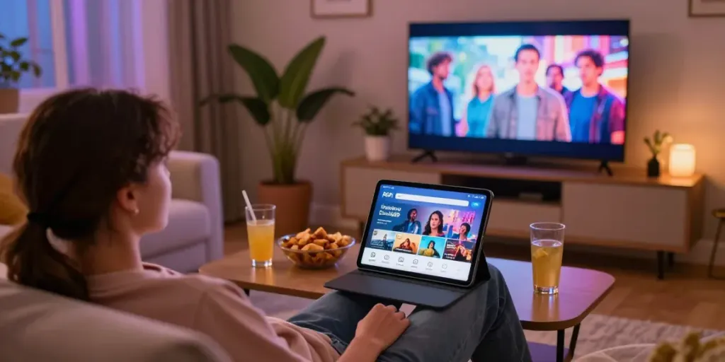 Enjoying movies using Pikashow APK on a cozy couch with snacks.