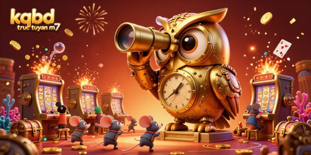 Experience thrilling moments with kqbd truc tuyen m7 as a golden owl oversees a bustling casino scene filled with vibrant visuals and engaging activities.