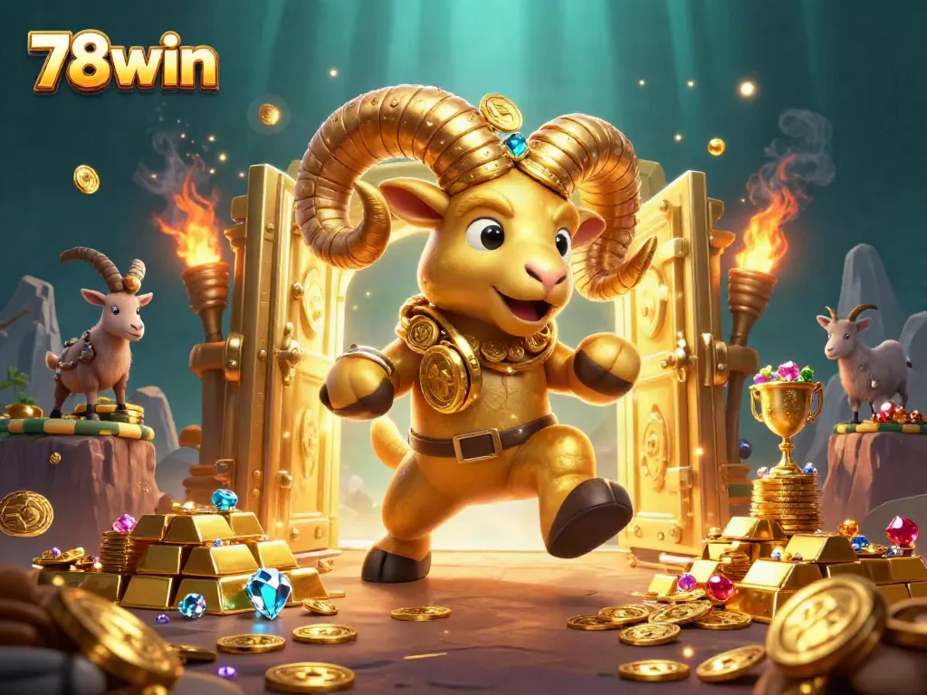 Experience thrilling adventures with 78win's golden ram, surrounded by treasures and gambling elements.