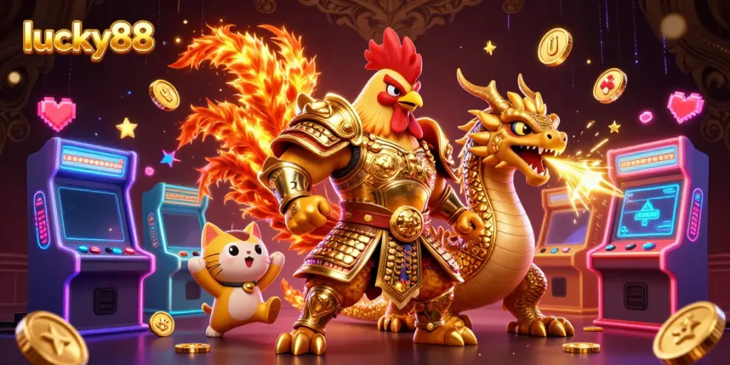 Experience exciting gaming with lucky88, featuring a dynamic rooster warrior and dragon hatchling amidst vibrant casino elements.