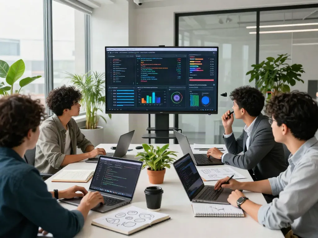 AI prompt tracking collaboration in a modern office workspace, showcasing diverse professionals discussing strategies.