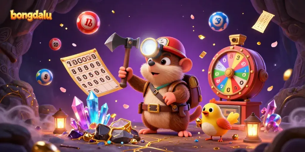 Bongdalu treasure hunter mole mining for gold in a vibrant, dynamic gambling scene