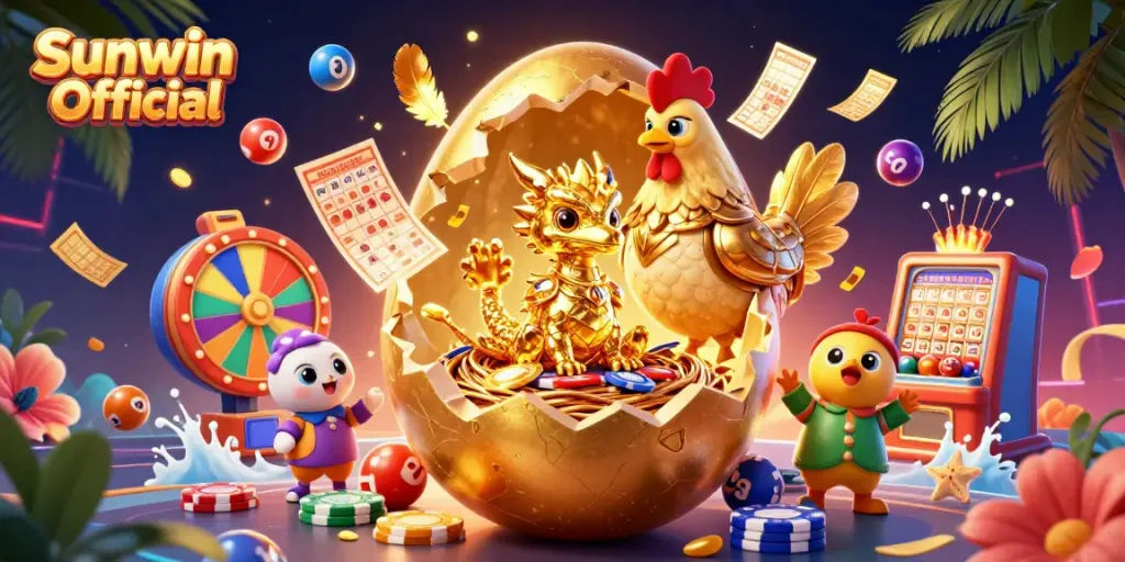 Engage with the captivating Sunwin Official scene featuring a golden baby dragon among vibrant gambling elements.