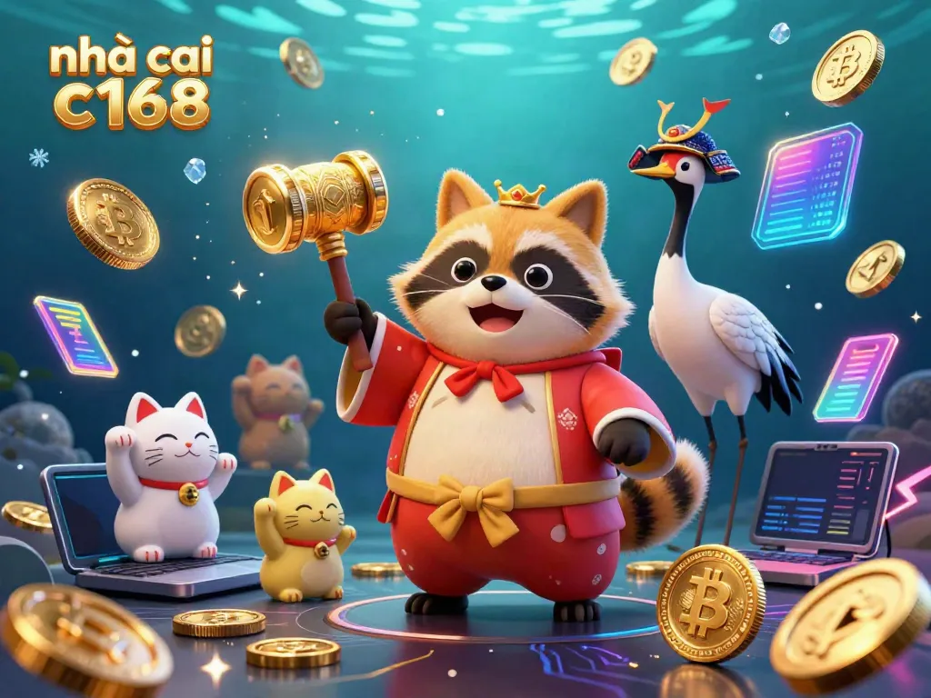 Engage with nhà cái c168 in a vibrant casino setting featuring playful characters and crypto elements.
