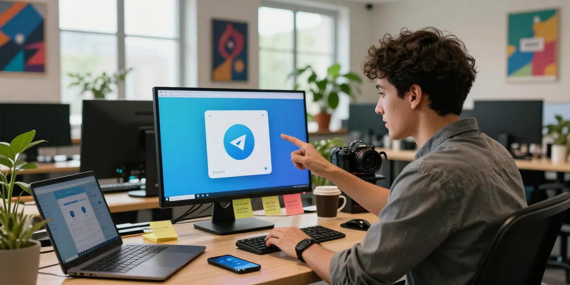 Download Telegram app on touchscreen monitor in a vibrant office setting, emphasizing tech engagement.