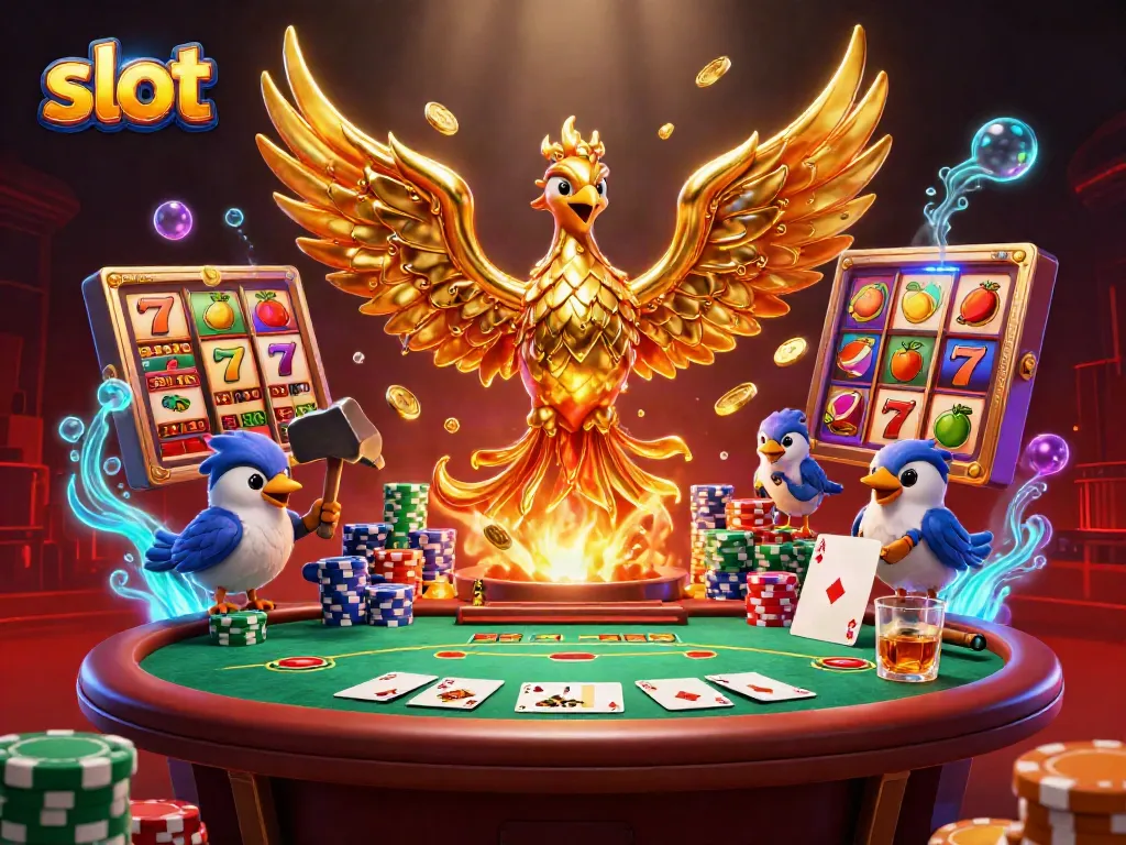Experience thrilling slot games with an artistic depiction of a golden phoenix amidst poker elements.