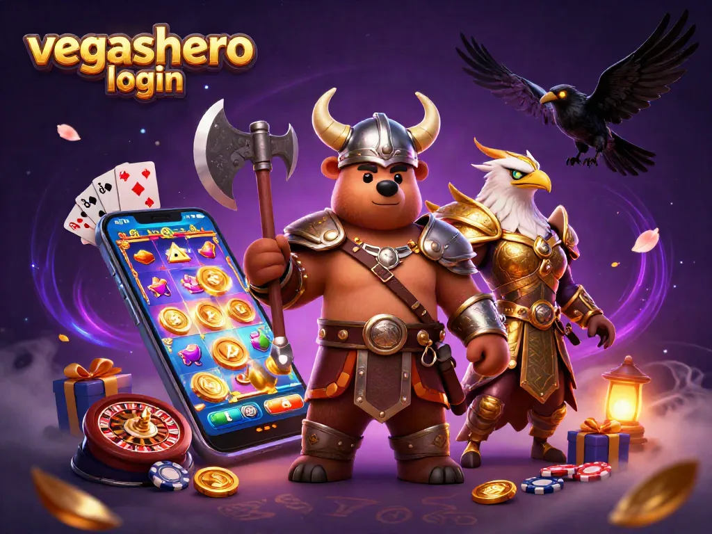 Engage with the thrilling vegashero login experience featuring a Viking bear and eagle amidst dynamic casino elements.