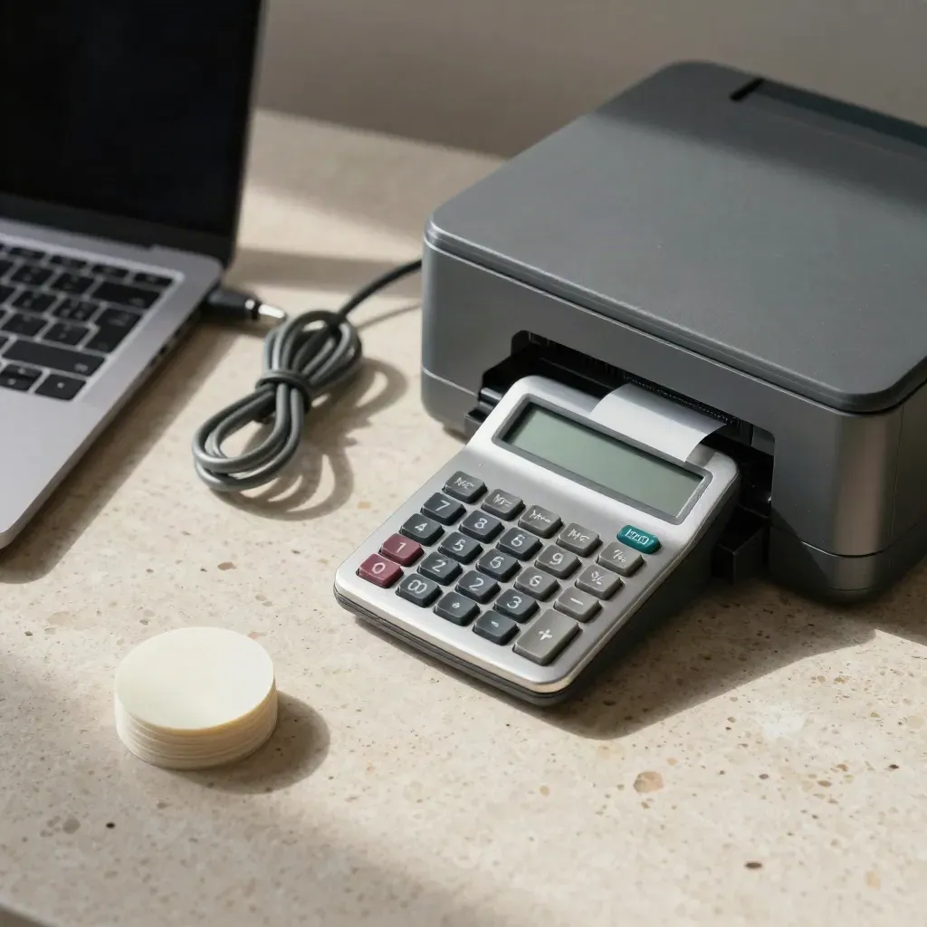 Bovenaanzicht van calculator, labelprinter en laptop op travertin met een subtiel petrolaccent.