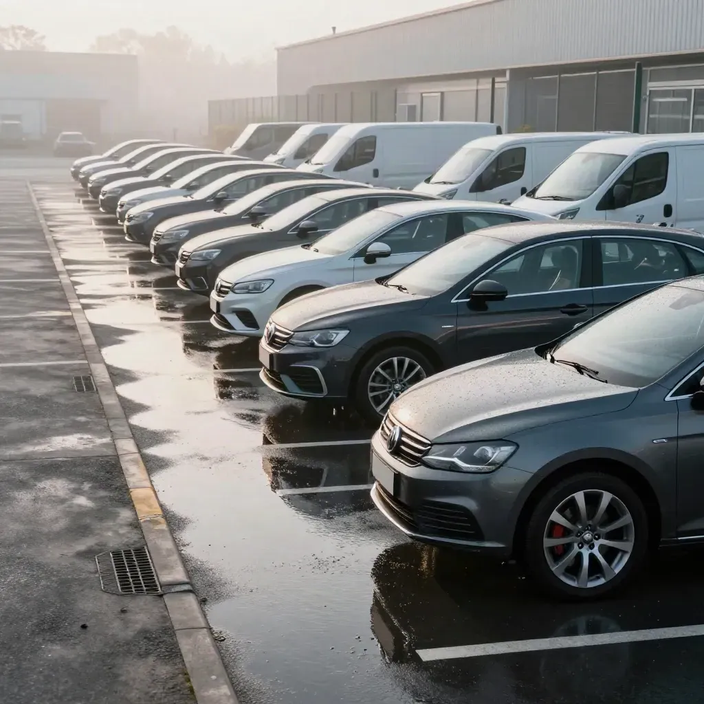 Rij leaseauto’s en bestelwagens op een nat wagenparkterrein in de ochtendschemering.