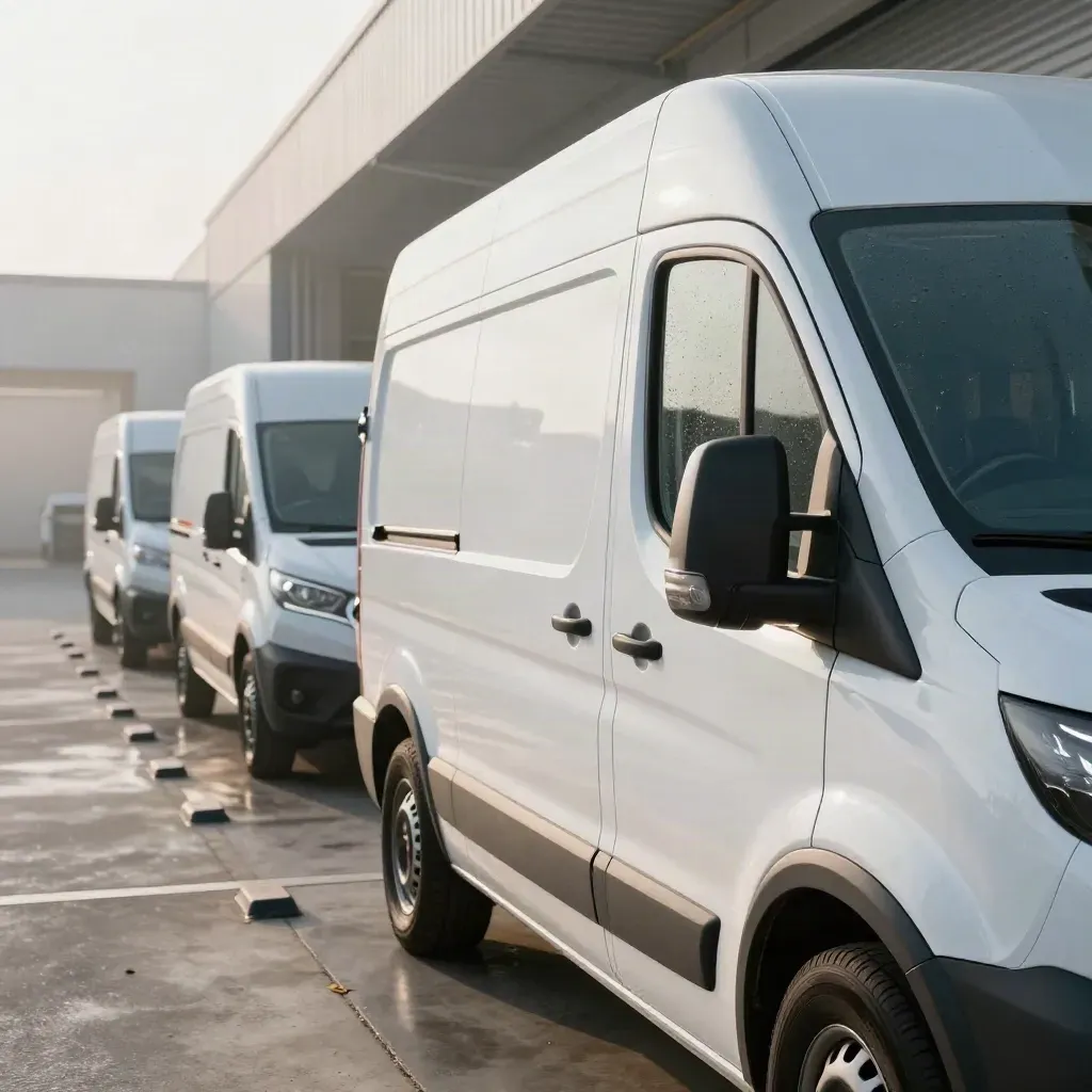 Witte bestelwagens naast een werkplaats in de ochtendmist, klaar voor operational lease.