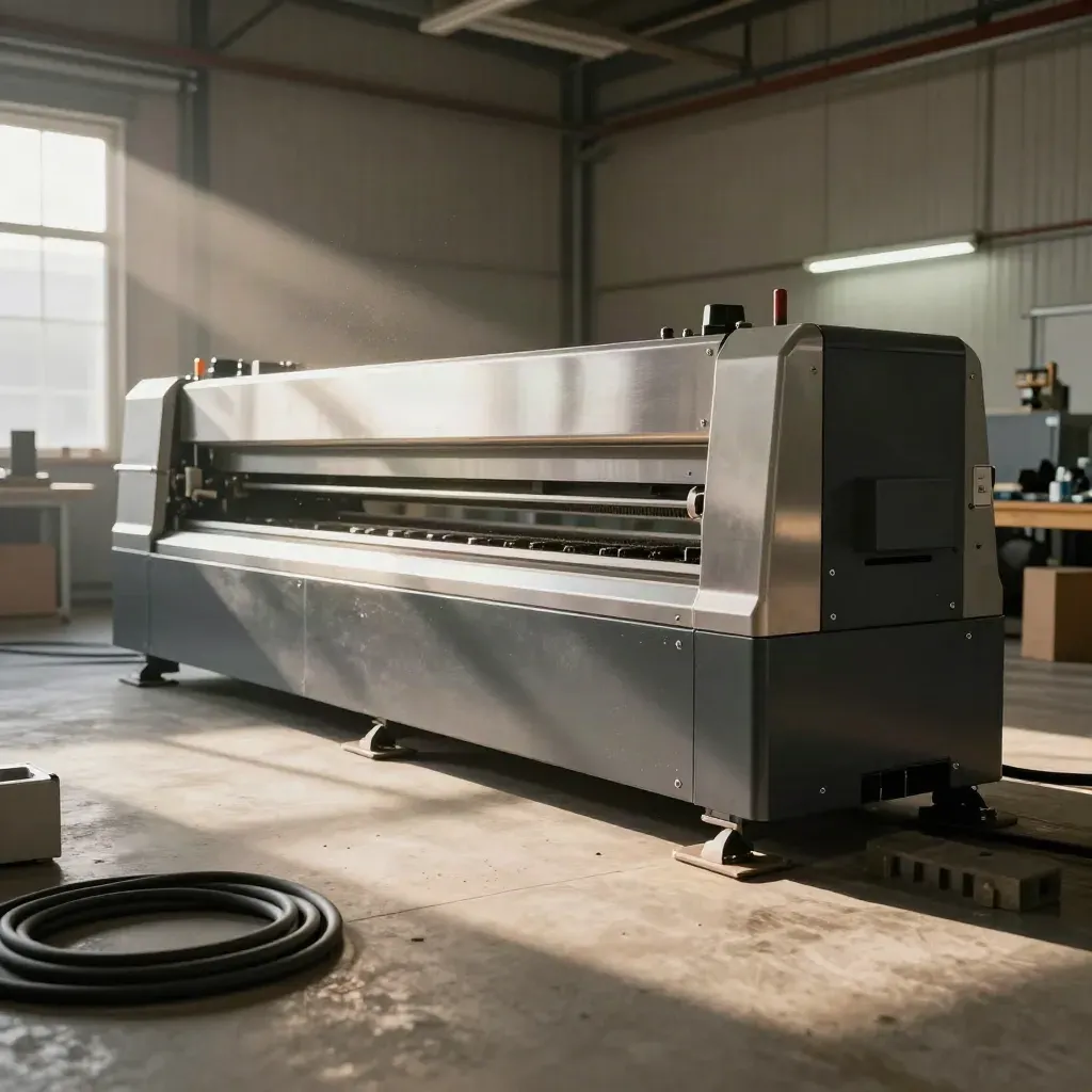 Compacte industriële machine in een nette werkhal met kabels en palletblokken, in warm namiddaglicht