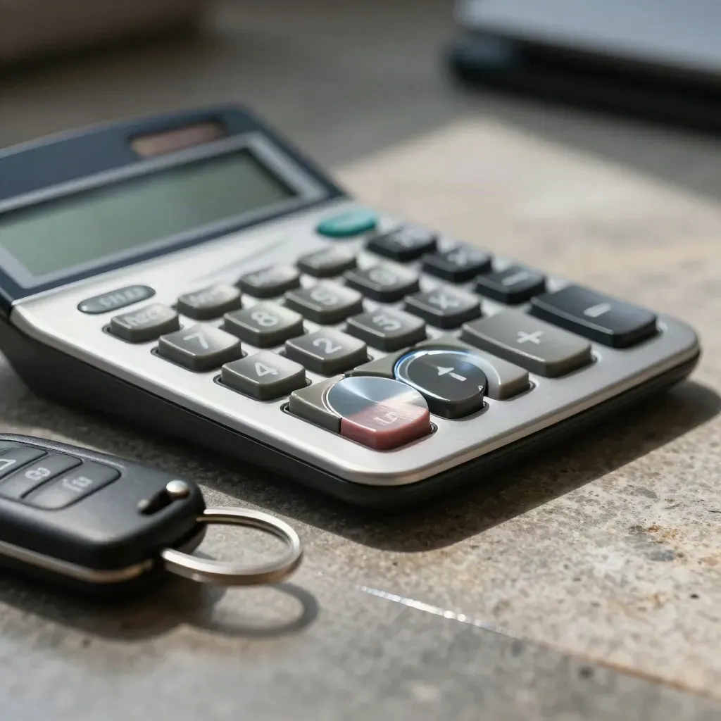Bureaucalculator, sleutel en metalen token op een stenen werkblad in dramatisch licht