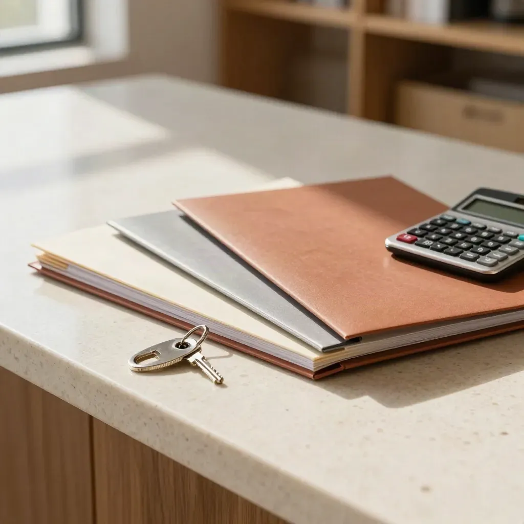 Drie offerte-mappen, een sleutelring en een compacte calculator op een travertin blad.