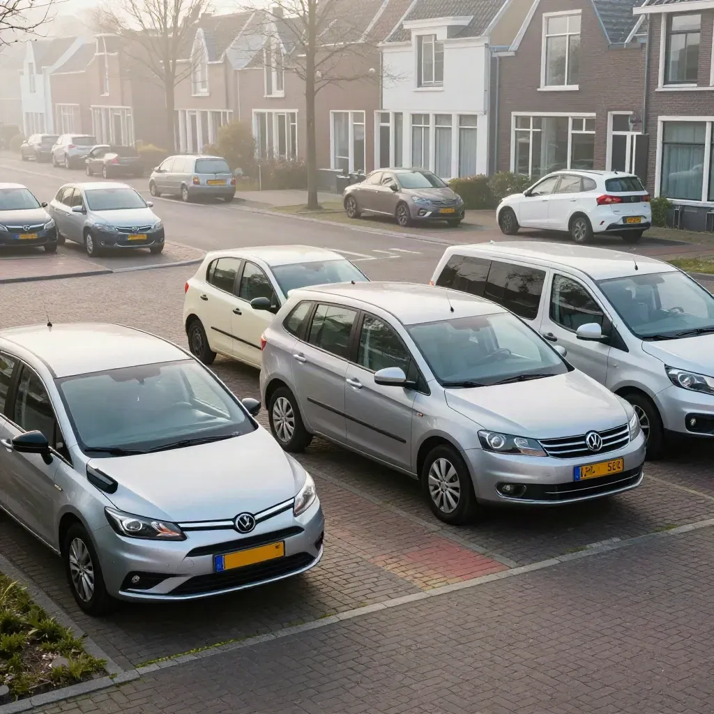 Drie parkeerzones met zorgauto’s bij een zorglocatie in ochtendnevel en rustig licht.