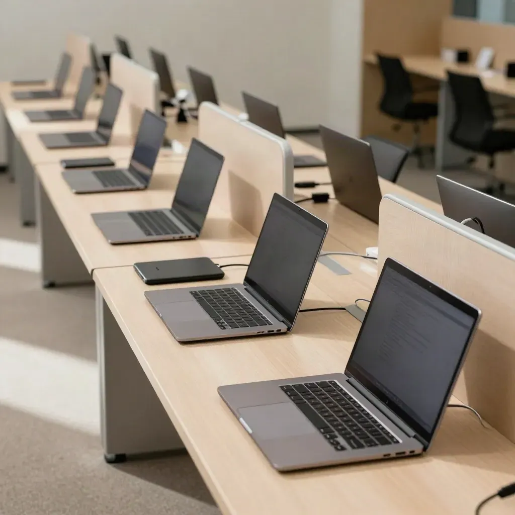 Rij gesloten laptops op werkplekken in een modern kantoor, schuin in perspectief.