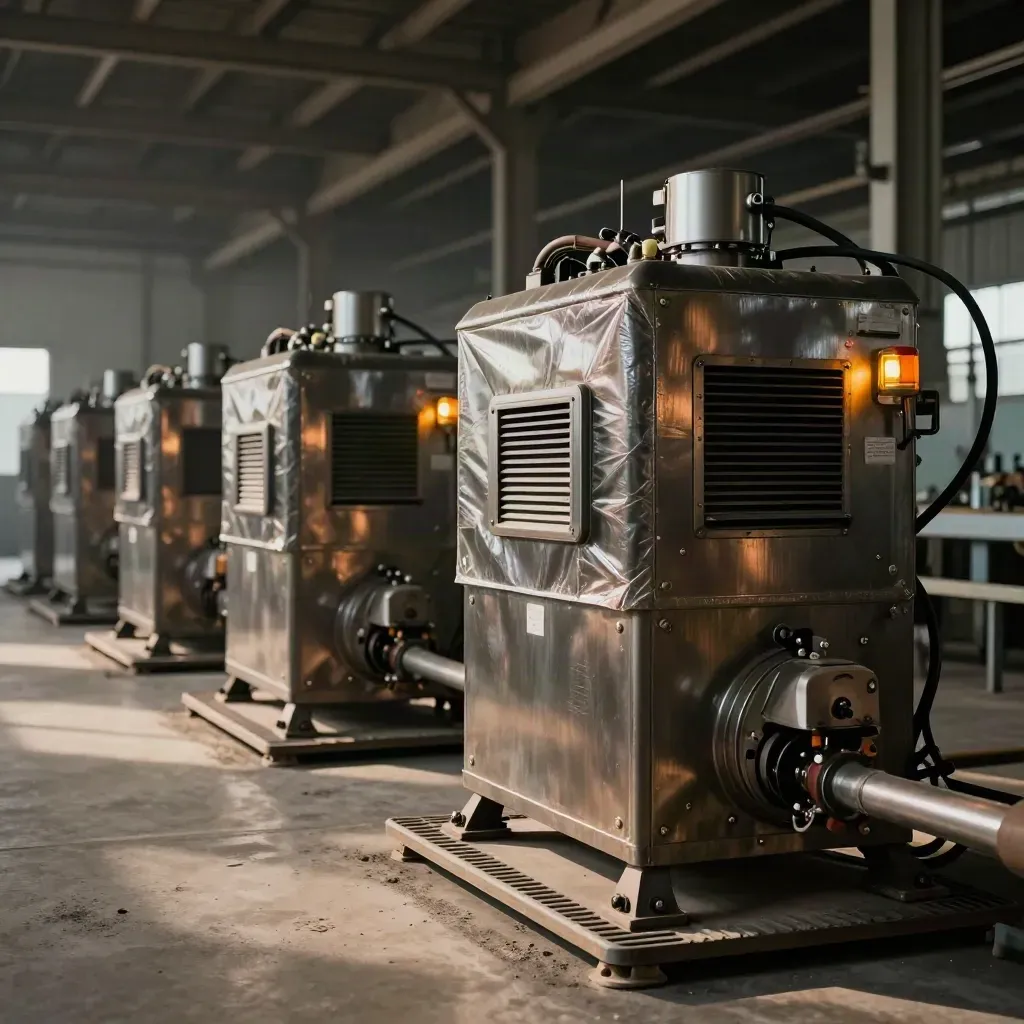 Vijf industriële machines in een hal, klaar voor gebruik onder dramatisch licht.