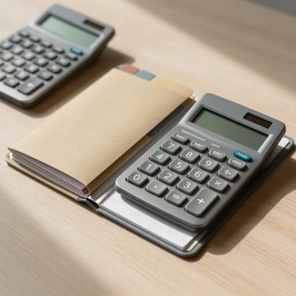 Twee compacte rekenmachines, gekleurde tabbladen en een gesloten offertebundel op een werktafel.
