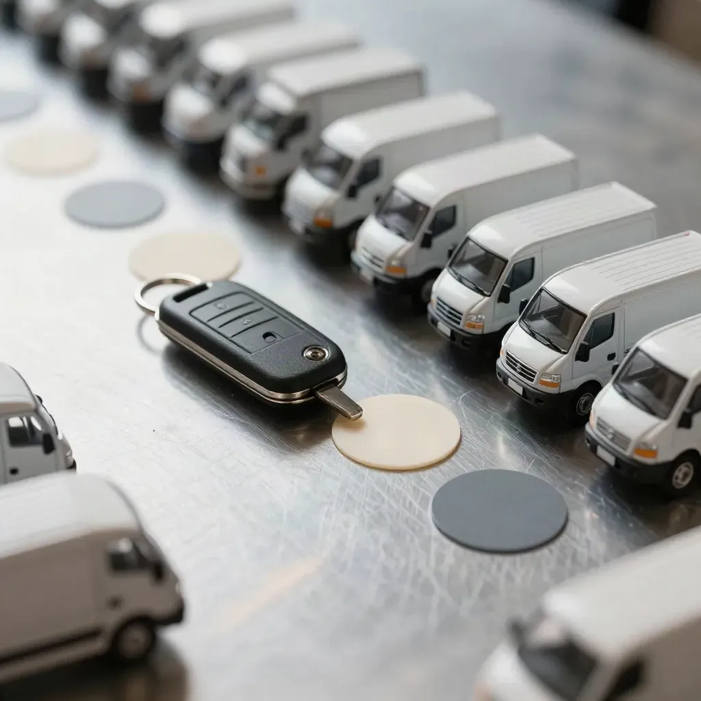 Schaalmodellen van vrachtwagens met trucksleutel en route-markers op geborsteld staal.