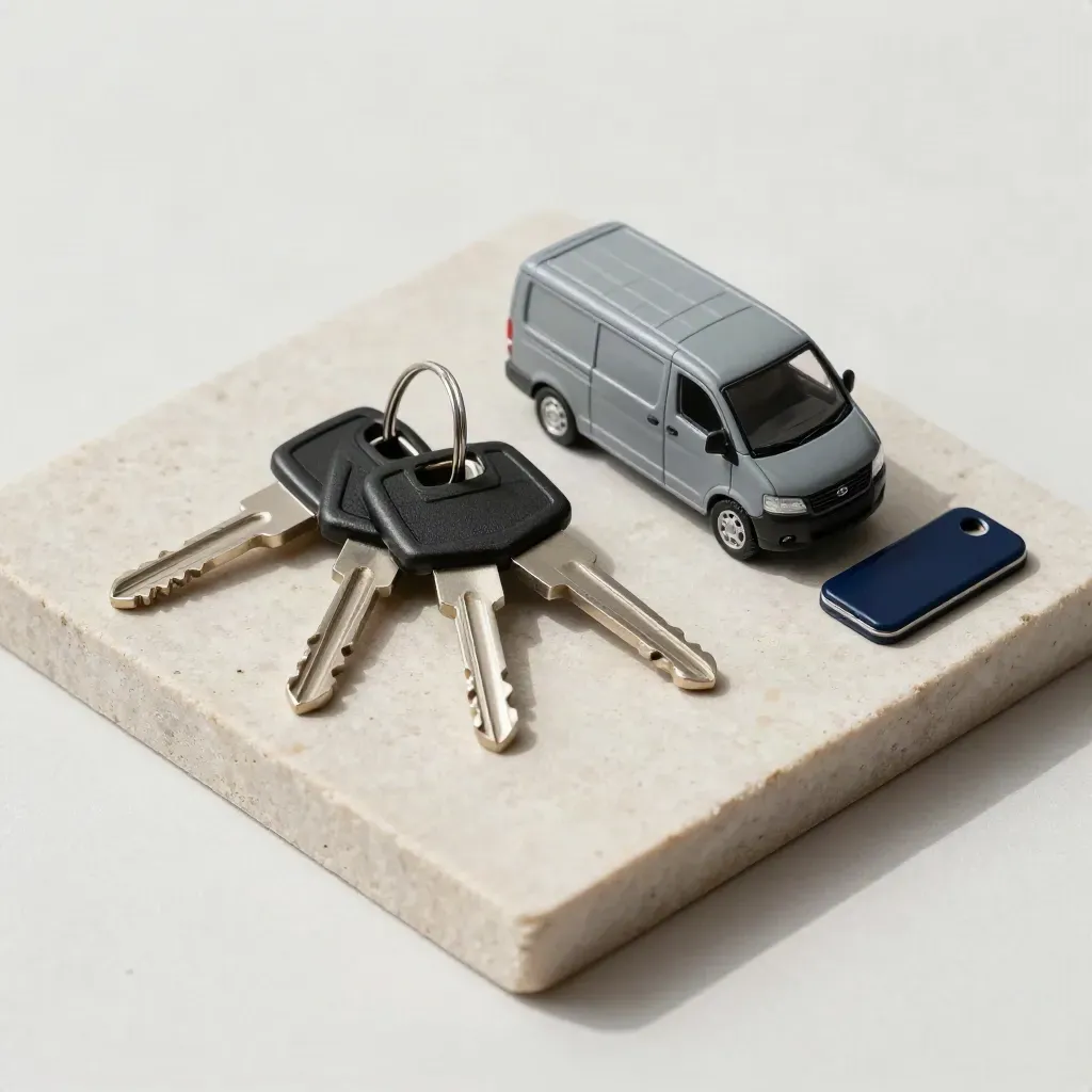 Autosleutels, schaalbusje en navy inventarisclip op een lichte stenen plaat.