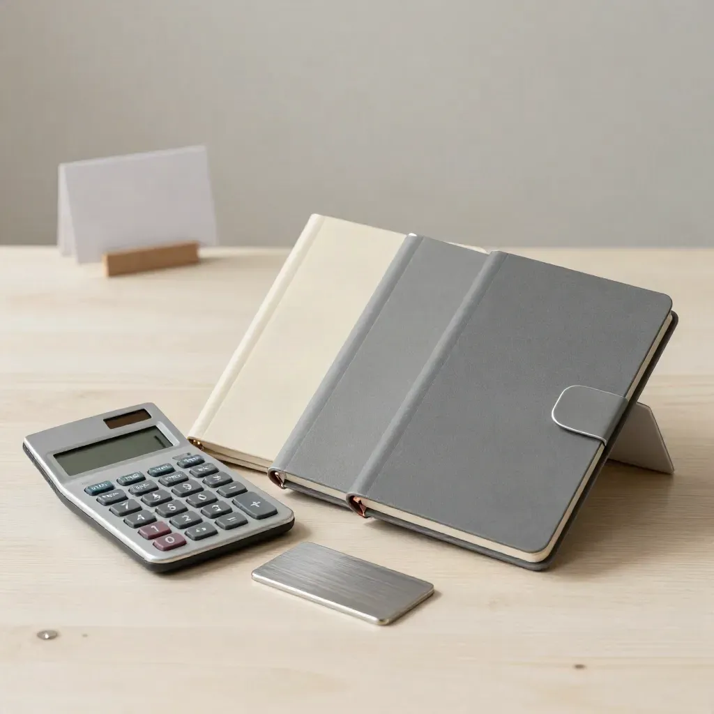 Drie gesloten leasemapjes, een calculator en een sleutelkaart op licht hout.