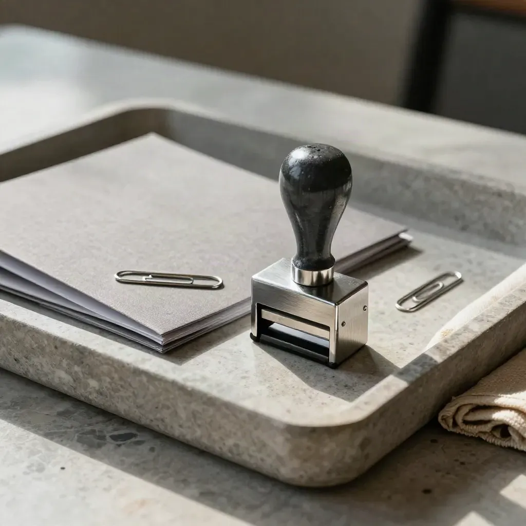 Metalen stempel naast twee gesloten offertemappen en paperclip in een stenen servicebak.