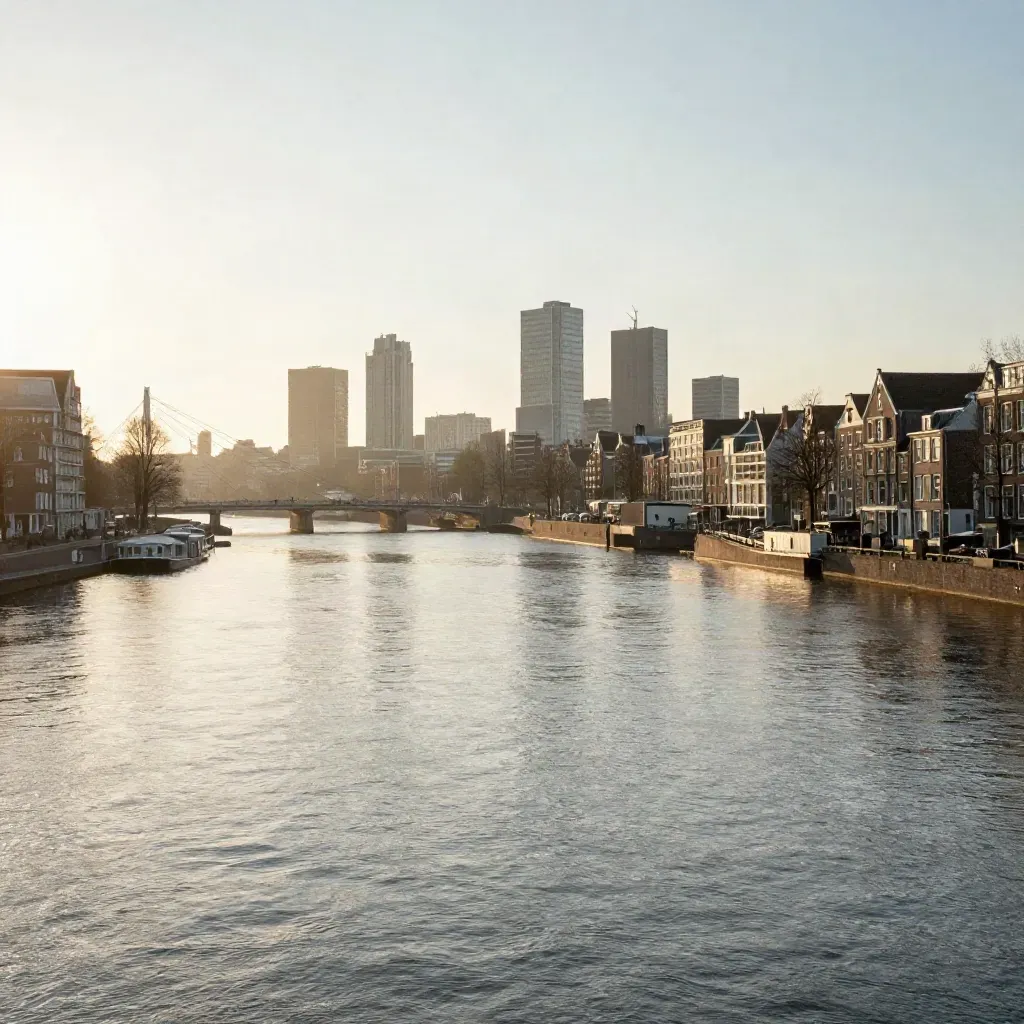 Randstad bij gouden uur met het IJ, Amsterdamse skyline en bruggen in zachte mist.