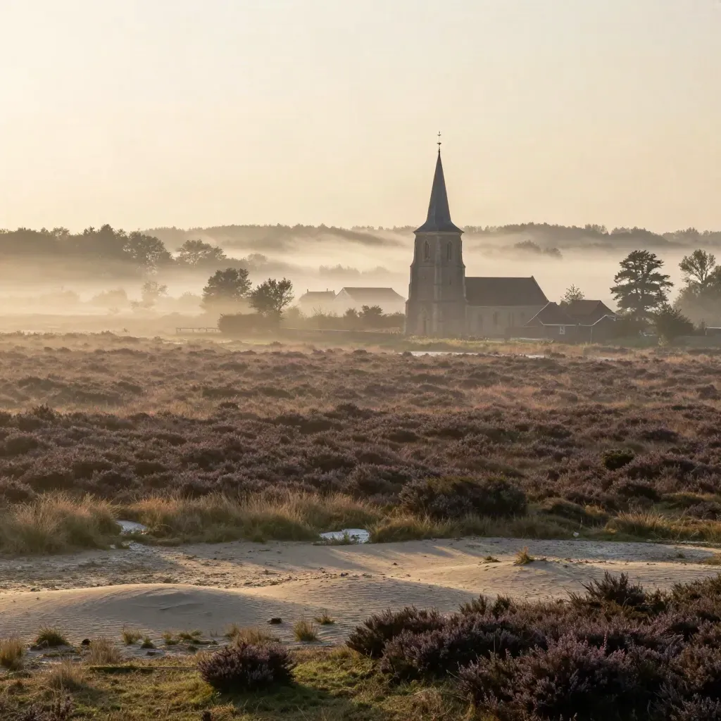 Mistig Noord-Brabants heidelandschap met kerktoren en boerderijdaken in de verte
