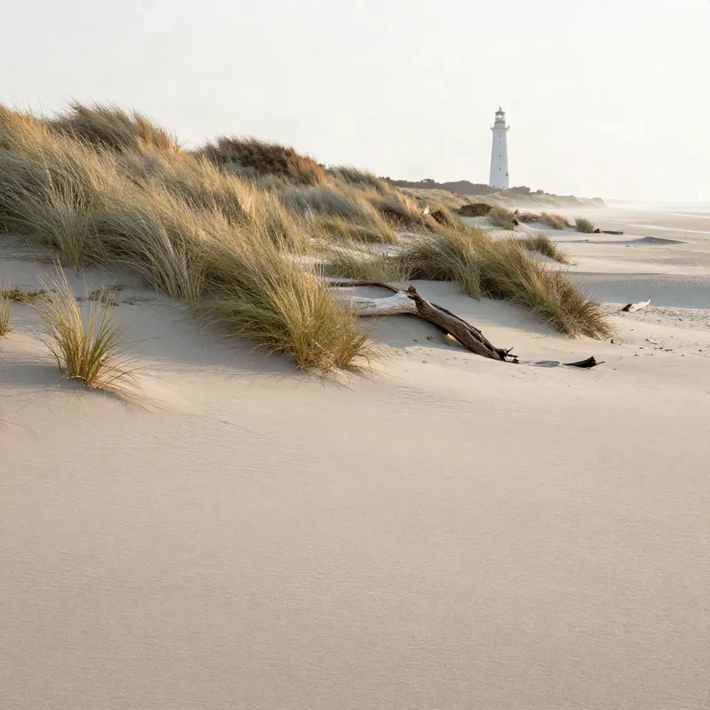 Duinlandschap in Noord-Holland met verre vuurtoren en zachte zeemist