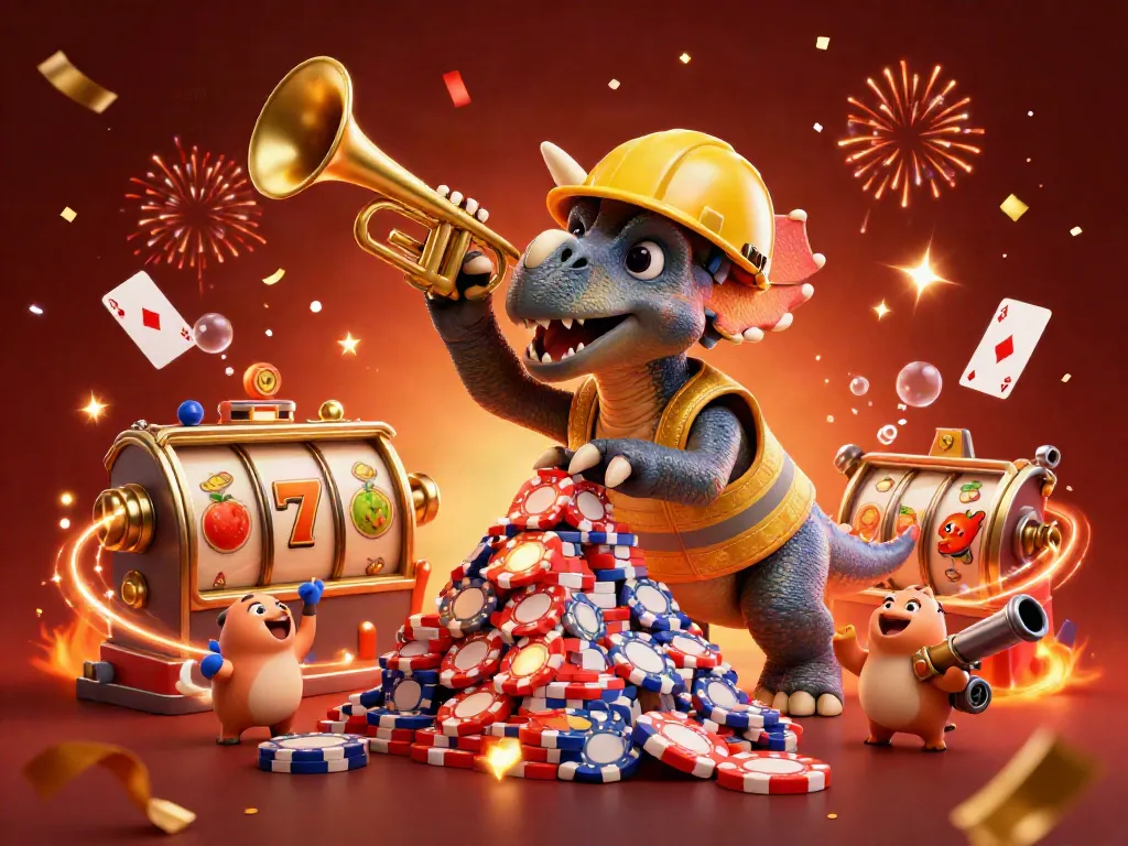 Experience casino excitement with sun win as triceratops builds poker chip pyramid amidst festive gaming elements.