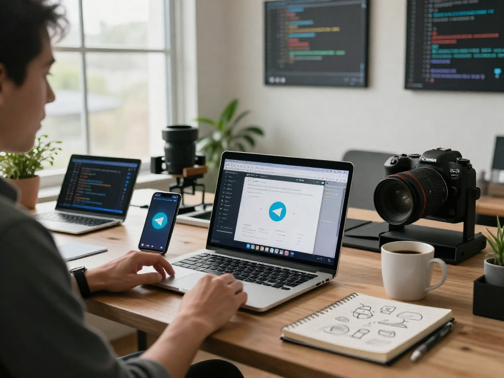 在现代办公室中，一名用户正在下载Telegram，桌面上摆满了电子设备和笔记本，营造出创新的工作环境。