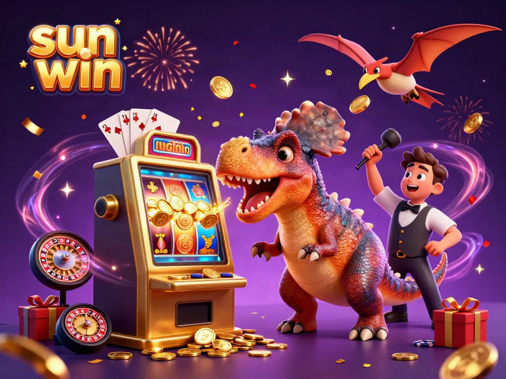 Experience the excitement of sun win with a prehistoric twist, showcasing a pachycephalosaurus and friends in a lively casino setting.