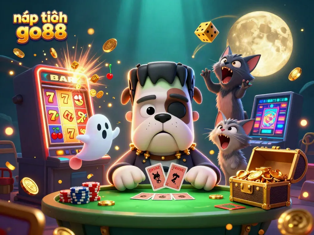 Interact with "nạp tiền go88" at a thrilling casino table with vibrant characters, games, and elements.