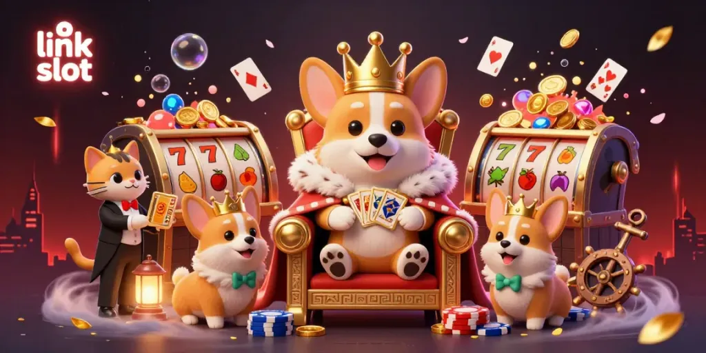 Experience thrilling wins at the link slot as cartoon characters play amidst vibrant casino elements.