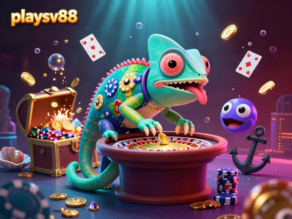 Experience vibrant gaming action at playsv88 with a chameleon casino owner and exciting scene elements.