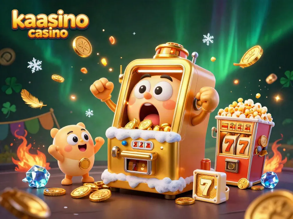 Kaasino casino celebrates a jackpot win with a golden slot machine and cheering characters amidst vibrant casino elements.