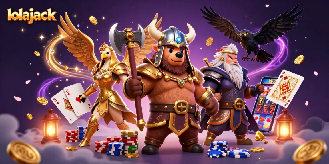 Experience the thrill at lolajack with diverse games and casino excitement in a vibrant 3D illustration.
