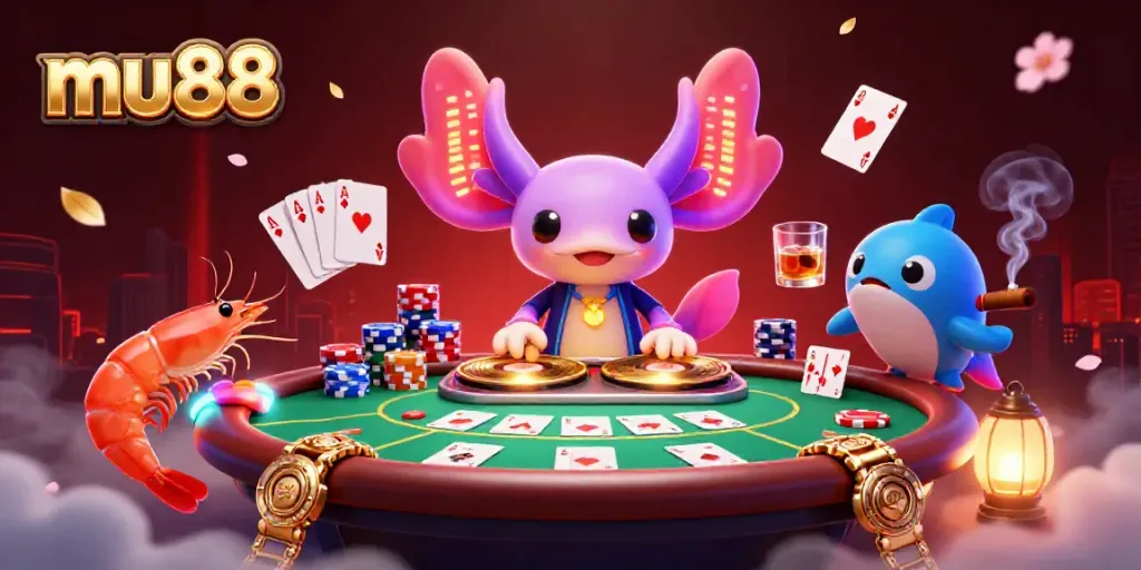 Engage in thrilling poker action at mu88 with a vibrant 3D casino scene featuring a neon axolotl DJ and dynamic elements.