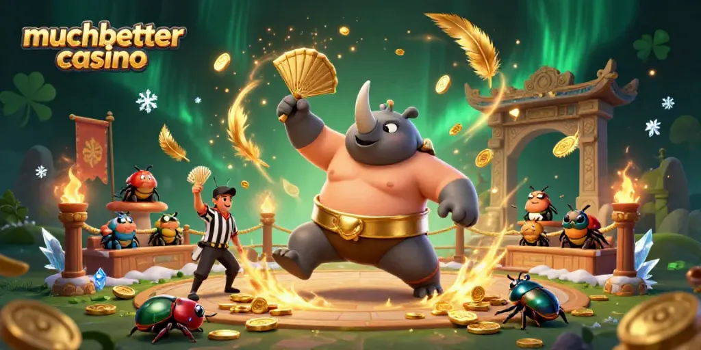 Experience the excitement of muchbetter casino as a rhinoceros beetle sumo champion triumphs in a vibrant gaming arena.