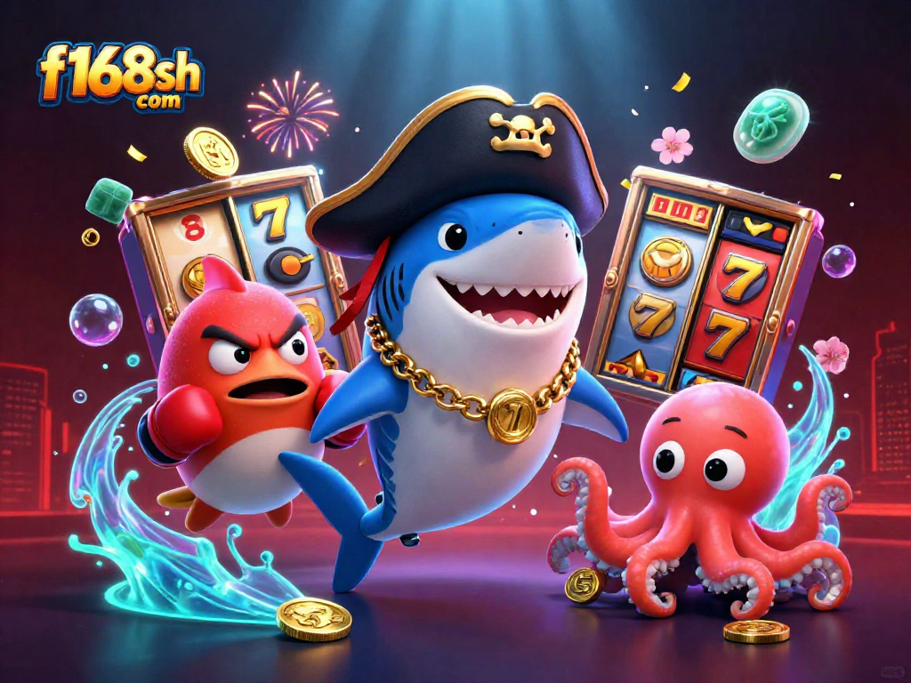 Spin to win at f168sh com with a vibrant casino scene featuring a shark, pufferfish, and octopus.