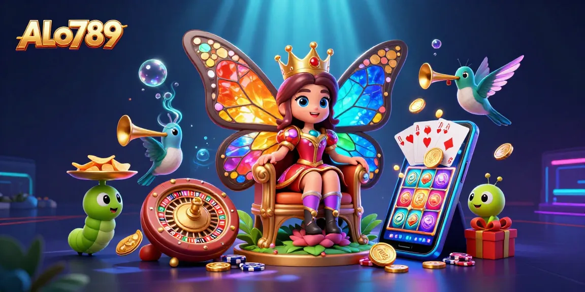 Engage with ALo789 in a vibrant 3D cartoon scene featuring a butterfly queen, chips, and casino elements.