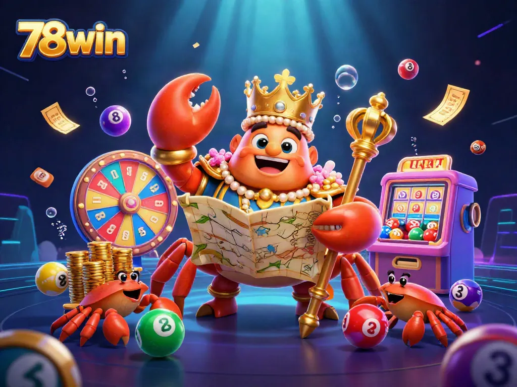 Experience the thrill of 78win with a vibrant 3D golden crab emperor surrounded by lottery and casino elements