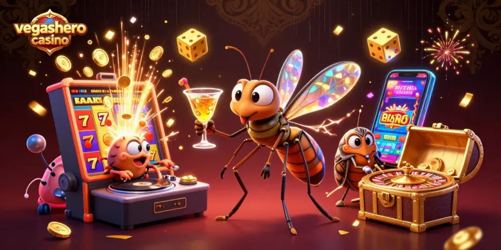 Join the action at vegashero casino with a vibrant scene of unique characters and gaming elements.