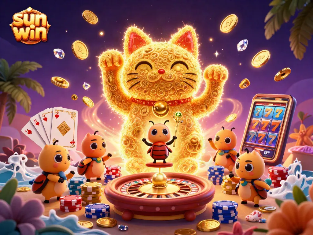 Experience the thrill of sun win with a vibrant scene of a golden lucky cat and casino elements.