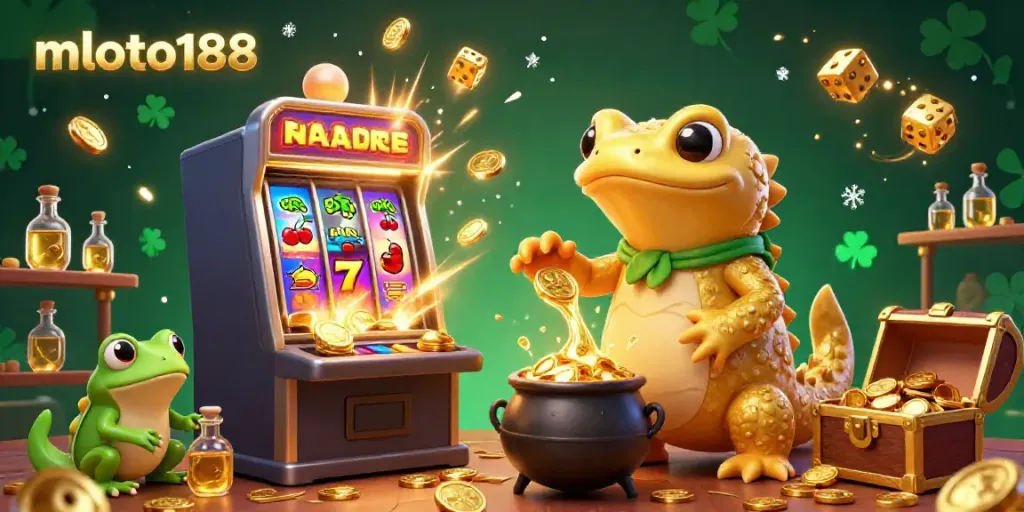 Experience the excitement of mloto188 with dynamic casino-themed illustration bursting with gold and jackpots.